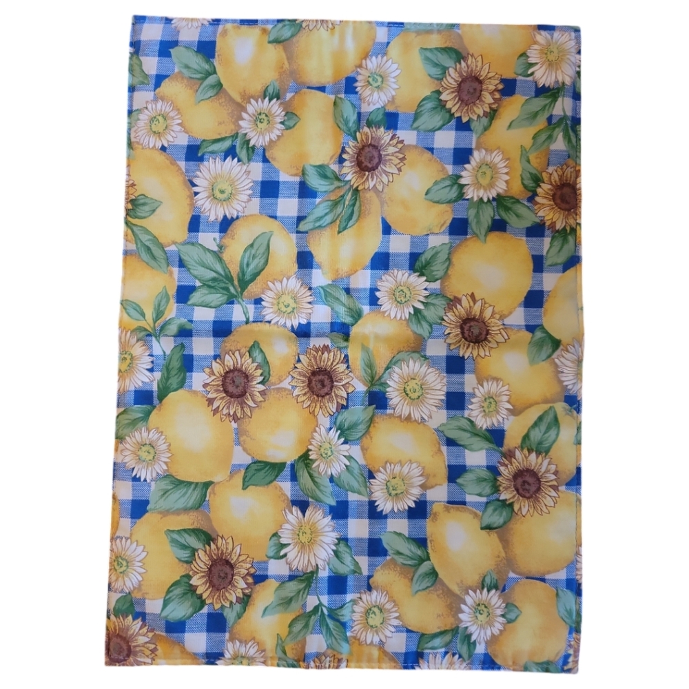 Handmade Cloth Washable Table Placemat Lemons Flowers Blue White Plaid